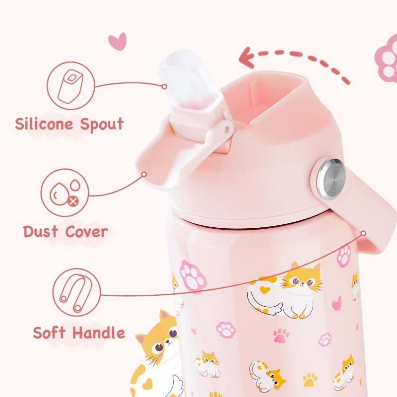 Kerilyn 12oz Kids Water Bottle, Stainless Steel Insulated Water Bottle For Kids, Toddler Cup With Straws Leak-proof, Kids Water Bottles For School Boys Girls, BPA Free, Kitty - Image 3