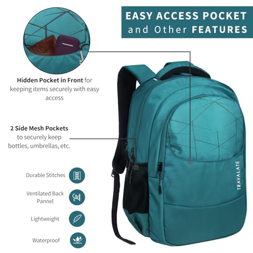 TRAVALATE Unisex Polyester 35L Backpack School Bag Women Men Boys Girls Class 6 to 12 children Daypack College Bag Book School Sports Bag Weekend Bag with rain cover - Teal - Image 2