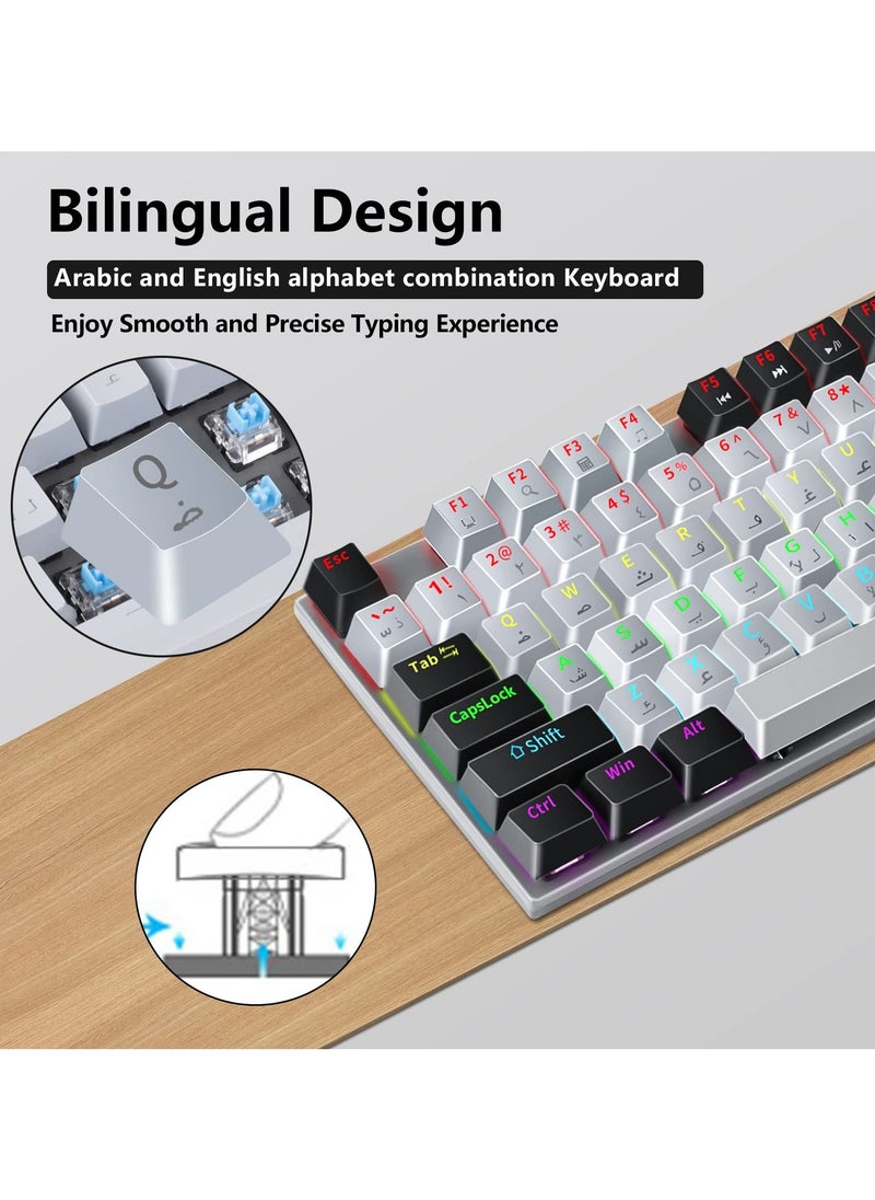 انفوسن - اوشوانج كيبورد العاب باللغة الانجليزية والعربية مع تأثيرات اضاءة خلفية LED RGB مختلفة لاجهزة iOS واندرويد وويندوز وماك، كيبورد العاب ميكانيكي سلكي USB مقاوم للماء 87 مفتاحا - رمادي واسود - Image 1