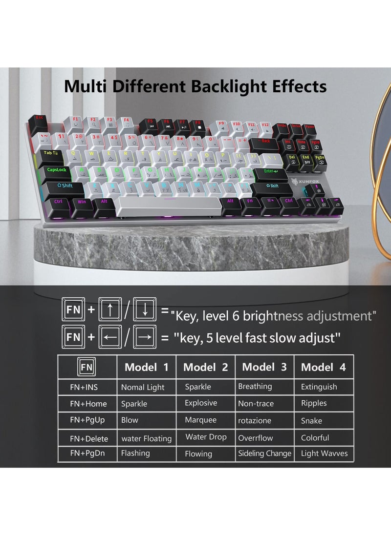 انفوسن - اوشوانج كيبورد العاب باللغة الانجليزية والعربية مع تأثيرات اضاءة خلفية LED RGB مختلفة لاجهزة iOS واندرويد وويندوز وماك، كيبورد العاب ميكانيكي سلكي USB مقاوم للماء 87 مفتاحا - رمادي واسود - Image 1