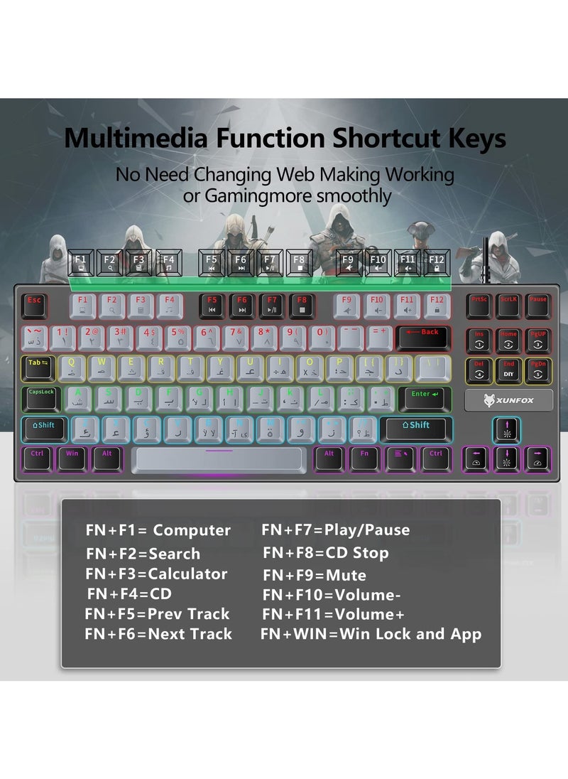اوشوانج كيبورد العاب باللغة الانجليزية والعربية مع تأثيرات اضاءة خلفية LED RGB مختلفة لاجهزة iOS واندرويد وويندوز وماك، كيبورد العاب ميكانيكي سلكي USB مقاوم للماء 87 مفتاحا - رمادي واسود - pzsku/ZAE3BC920F415D73B5085Z/45/_/1708999822/42709e53-8e1d-427b-80ff-fa1b4e6b47d9