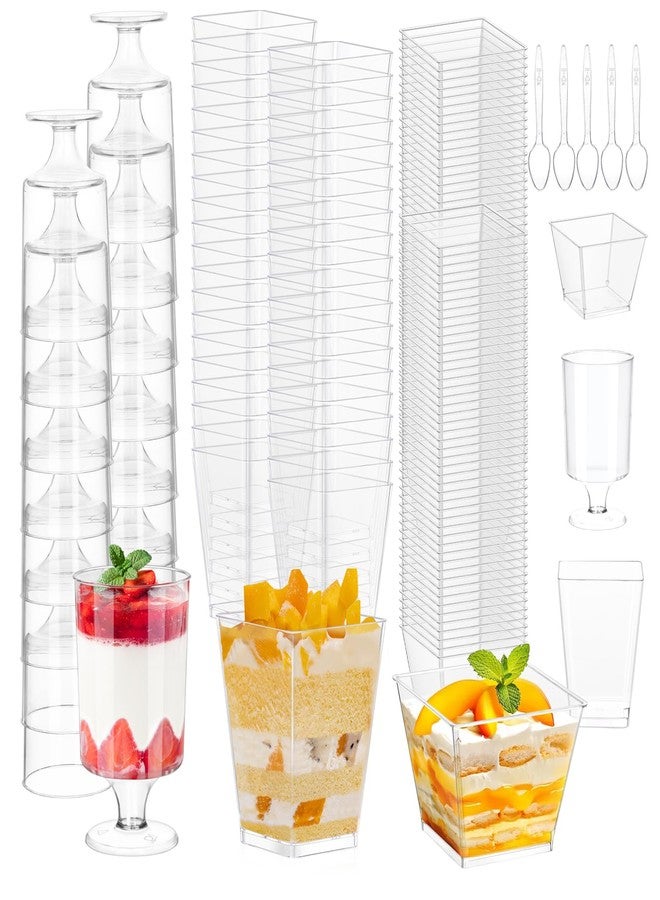 tchrules 300 Packs 5oz Dessert Cups with Spoons, 3 Styles Mini Plastic Appetizer Cups, Clear Parfait Cup for Party, Cake Cups for Tiramisu, Pudding, Snacks, Yogurt, Fruits, Mousse - Image 1