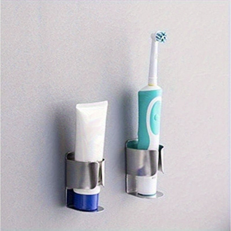 Silvery Stainless Steel Electric Toothbrush Holder Wall Mounted Self Adhesive Bathroom Organizer - Image 2