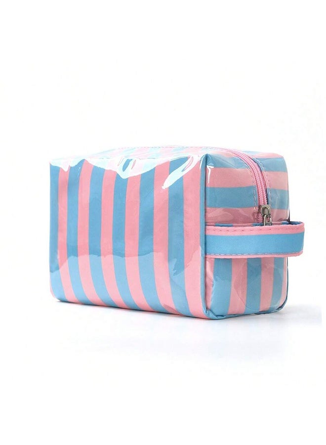 Glossy Striped Waterproof Makeup Bag, Large Capacity Travel Cosmetic Organizer Pouch for Women, Portable Zipper Beauty Storage Bag for Makeup Brushes Eyeshadow Palettes Bathroom Desktop Travel Use - Blue Pink - Image 1