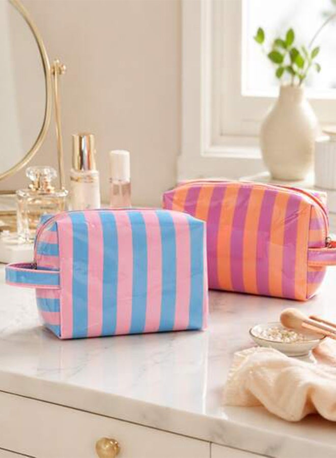 Glossy Striped Waterproof Makeup Bag, Large Capacity Travel Cosmetic Organizer Pouch for Women, Portable Zipper Beauty Storage Bag for Makeup Brushes Eyeshadow Palettes Bathroom Desktop Travel Use - Blue Pink - Image 2