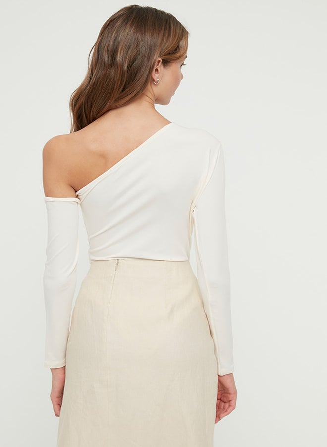 trendyol Ecru Asymmetric Collar Long Sleeve Elastic Snaps Knitted Bodysuit TWOAW22BD0080 - Image 4