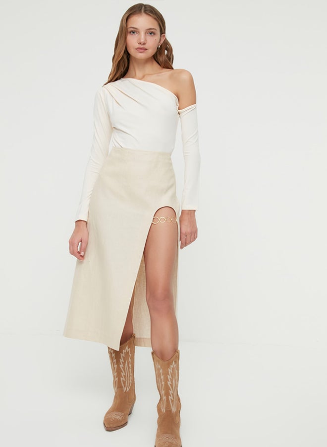 trendyol Ecru Asymmetric Collar Long Sleeve Elastic Snaps Knitted Bodysuit TWOAW22BD0080 - Image 1