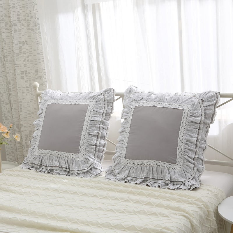 Meaning4 Light Gray Lace Euro Shams Luxury Throw Pillow Covers Cushion Cases with Ruffles Cotton 26""X26"" Zipper closure Elegant 2-pack - Image 1