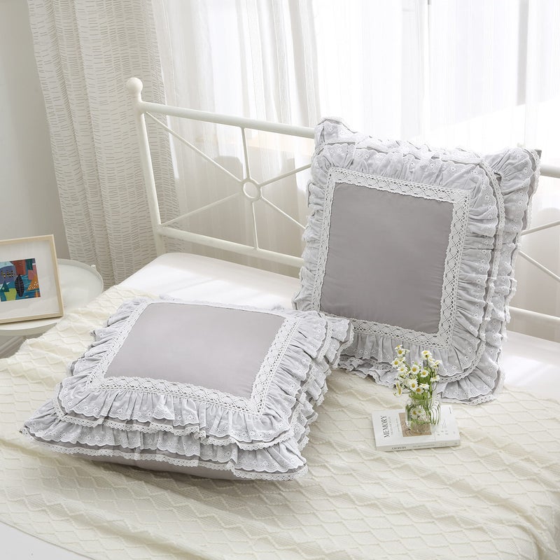 Meaning4 Light Gray Lace Euro Shams Luxury Throw Pillow Covers Cushion Cases with Ruffles Cotton 26""X26"" Zipper closure Elegant 2-pack - Image 3