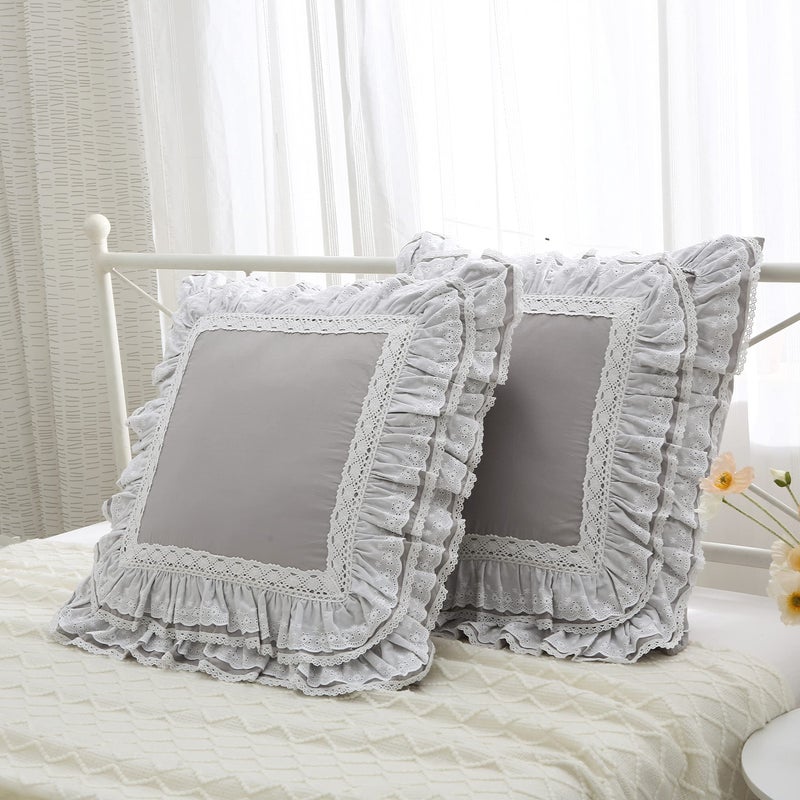 Meaning4 Light Gray Lace Euro Shams Luxury Throw Pillow Covers Cushion Cases with Ruffles Cotton 26""X26"" Zipper closure Elegant 2-pack - Image 2