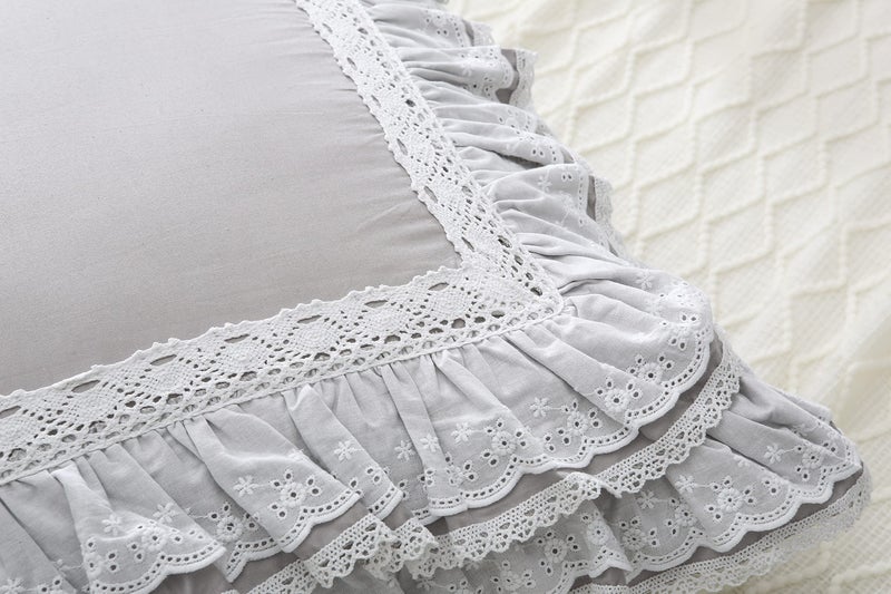 Meaning4 Light Gray Lace Euro Shams Luxury Throw Pillow Covers Cushion Cases with Ruffles Cotton 26""X26"" Zipper closure Elegant 2-pack - Image 4