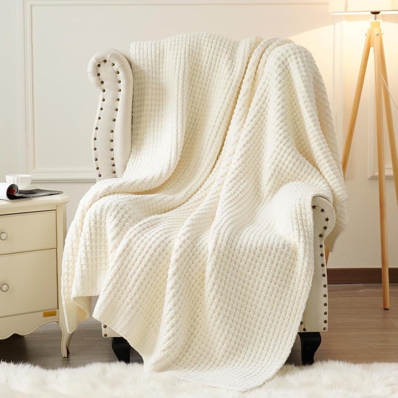 PHF Chenille Waffle Knit Blanket Twin Size- Plush Warm & Cozy , 152 cm x 203 cm, Ultra Soft Blanket- Chunky Fluffy Waffle Bedding for Home Decor - Cream - Image 1