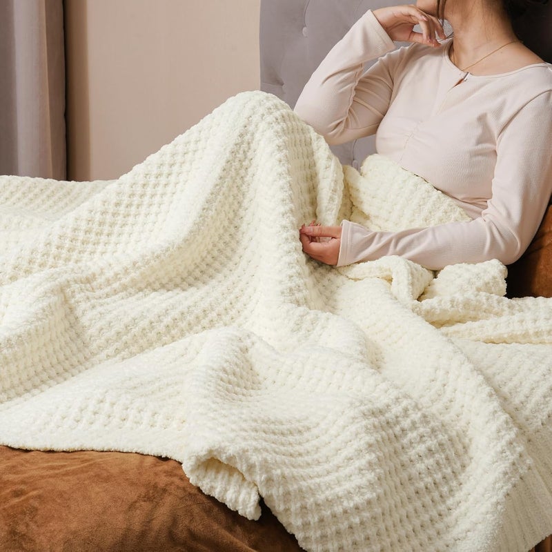 PHF Chenille Waffle Knit Blanket Twin Size- Plush Warm & Cozy , 152 cm x 203 cm, Ultra Soft Blanket- Chunky Fluffy Waffle Bedding for Home Decor - Cream - Image 2