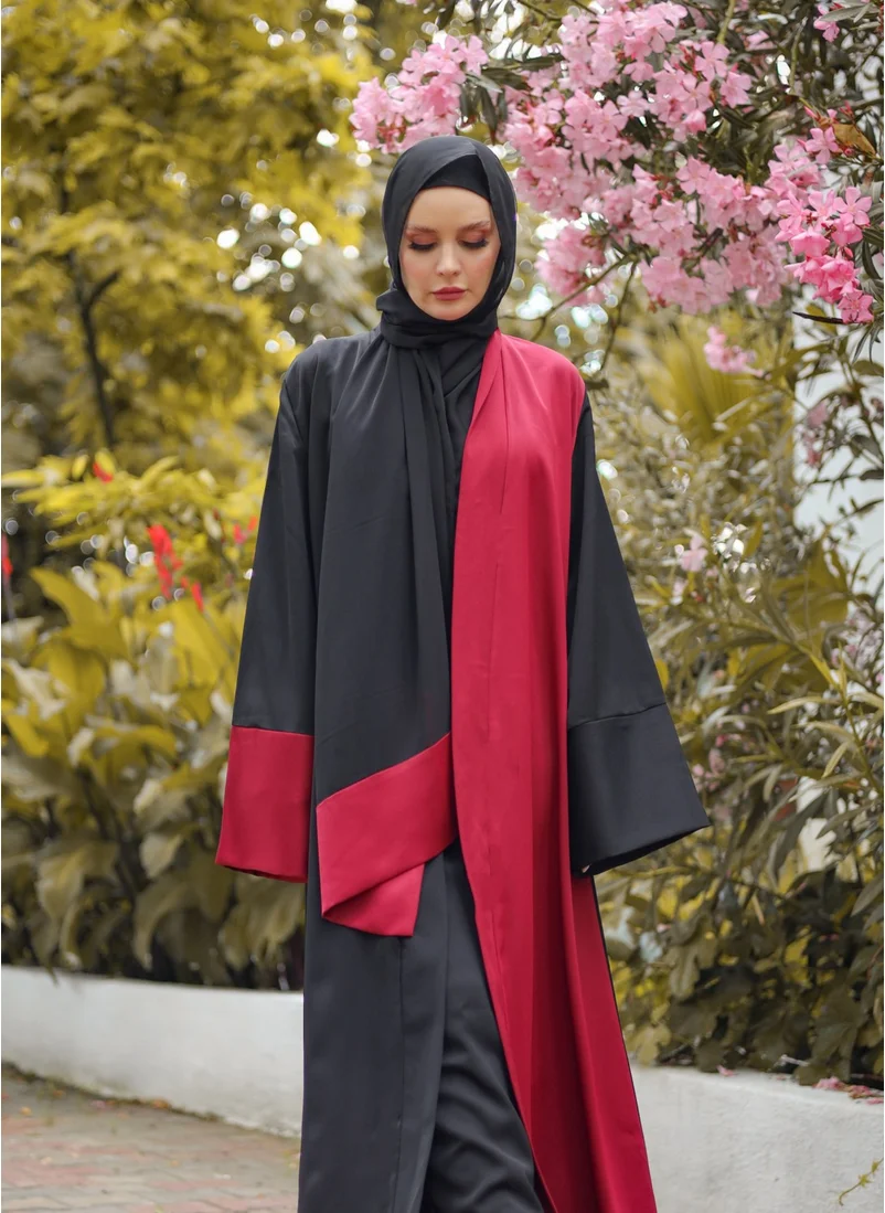 Harika Wear Black Burgundy Colors Abaya Set (Abaya - Dress - Shawl)