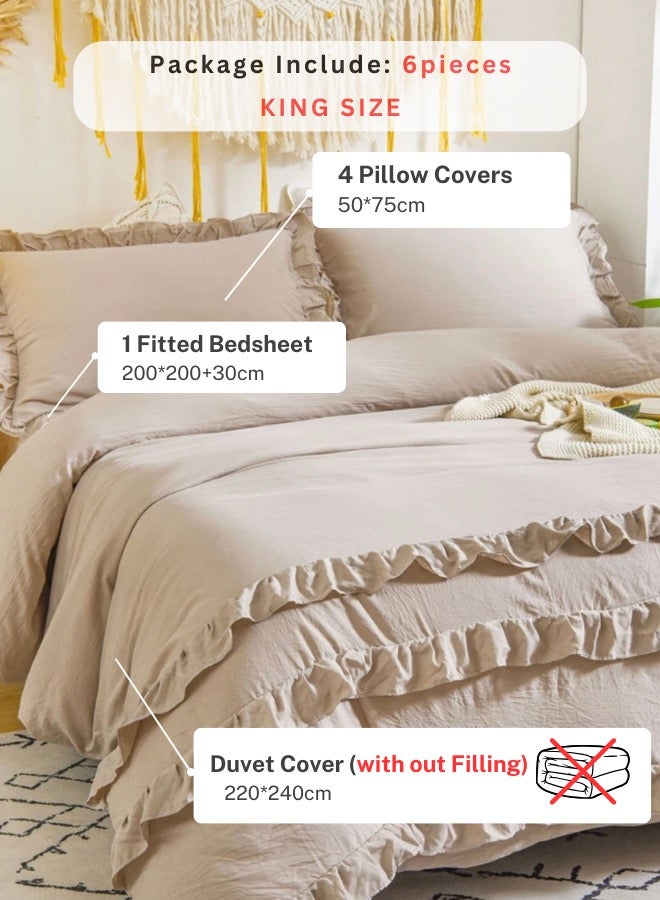 لونا هوم طقم غطاء لحاف بوهو بيج مقاس كينج مكون من 6 قطع، طقم فراش قطني قابل للغسل، لون سادة مع ديكور كشكش. - Image 3