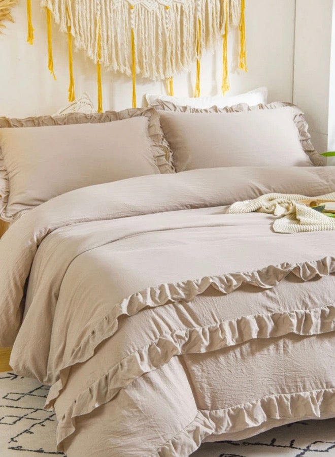 لونا هوم طقم غطاء لحاف بوهو بيج مقاس كينج مكون من 6 قطع، طقم فراش قطني قابل للغسل، لون سادة مع ديكور كشكش. - Image 2