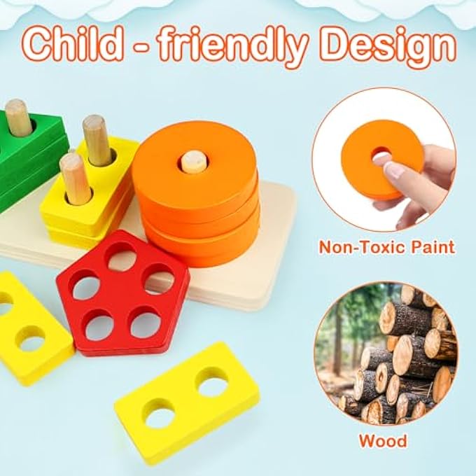 MONTESSORI TOYS FOR 1 TO 3-YEAR-OLD BOYS GIRLS TODDLERS, WOODEN SORTING & STACKING TOYS FOR TODDLERS AND KIDS PRESCHOOL, EDUCATIONAL TOYS, COLOR RECOGNITION STACKER SHAPE SORTER, LEARNING PUZZLES GIFT - Image 2