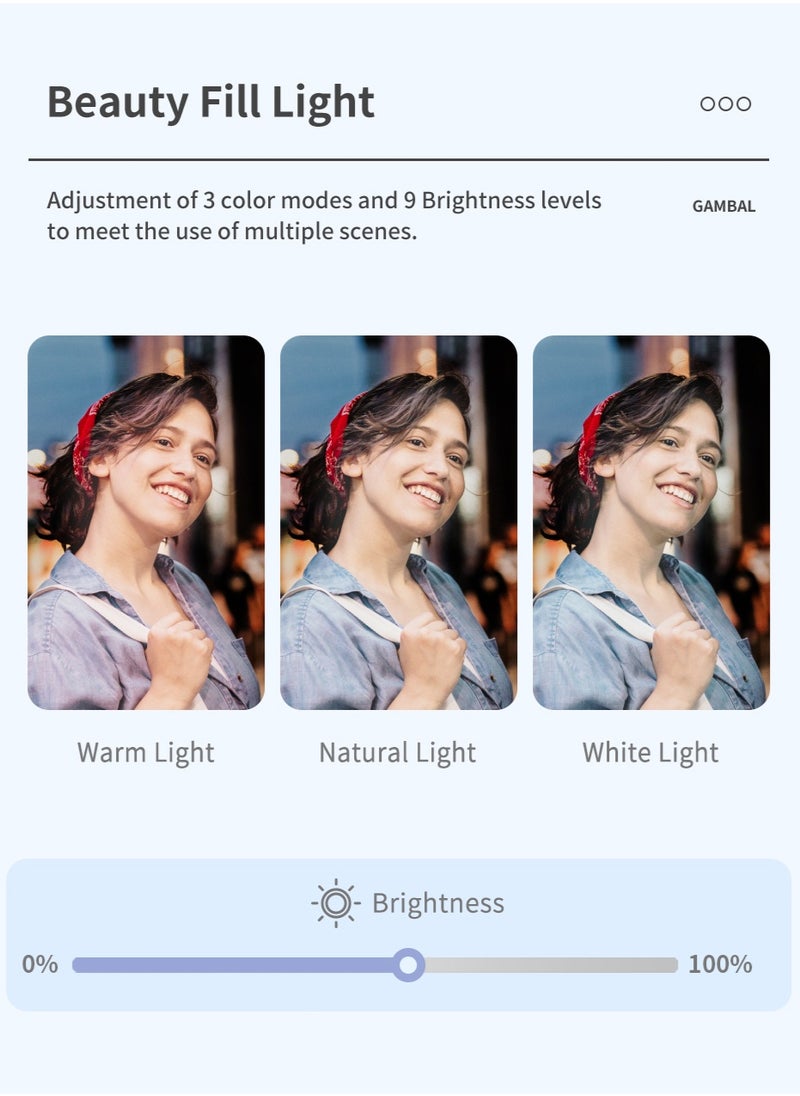 Stabilizer for mobile phone and camera, With 9 levels of fill light, Stronger aluminum alloy telescopic pole, Portable, Brushless motor, Face tracking and gesture recognition, POV mode, 360° rotation