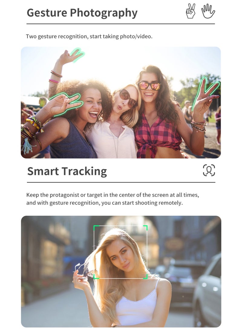 Stabilizer for mobile phone and camera, With 9 levels of fill light, Stronger aluminum alloy telescopic pole, Portable, Brushless motor, Face tracking and gesture recognition, POV mode, 360° rotation