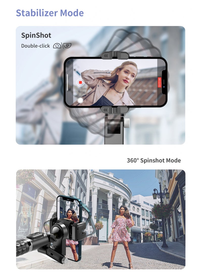 Stabilizer for mobile phone and camera, With 9 levels of fill light, Stronger aluminum alloy telescopic pole, Portable, Brushless motor, Face tracking and gesture recognition, POV mode, 360° rotation