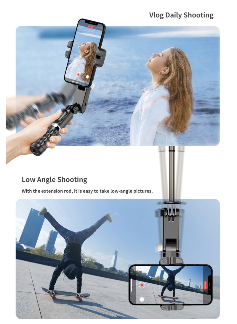 Stabilizer for mobile phone and camera, With 9 levels of fill light, Stronger aluminum alloy telescopic pole, Portable, Brushless motor, Face tracking and gesture recognition, POV mode, 360° rotation