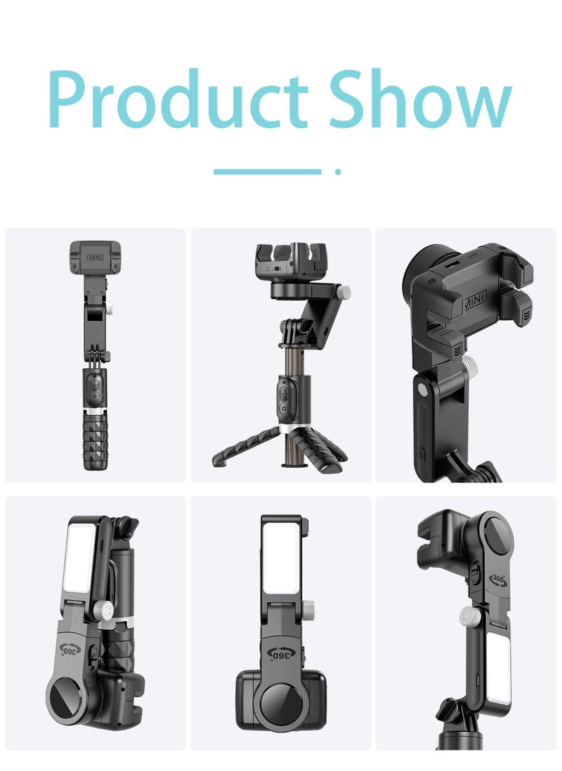 Stabilizer for mobile phone and camera, With 9 levels of fill light, Stronger aluminum alloy telescopic pole, Portable, Brushless motor, Face tracking and gesture recognition, POV mode, 360° rotation