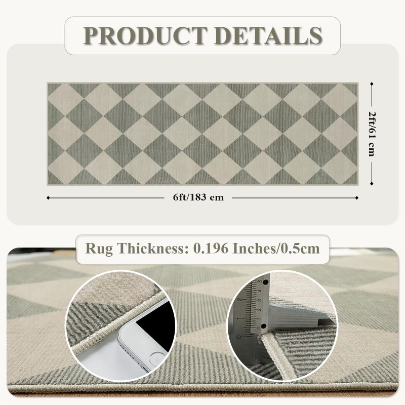 Beeiva Checkered Print Hallway Runner Rug Non Slip, Ultra Thin Washable Kitchen Runner Rug 2x6, Moroccan Neutral Green Soft Floor Carpet for Bedroom Laundry Room, Minimalist Diamond Hallway Decor - Image 5