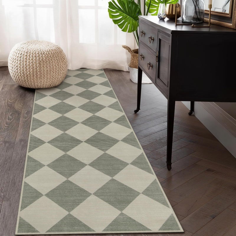 Beeiva Checkered Print Hallway Runner Rug Non Slip, Ultra Thin Washable Kitchen Runner Rug 2x6, Moroccan Neutral Green Soft Floor Carpet for Bedroom Laundry Room, Minimalist Diamond Hallway Decor - Image 2