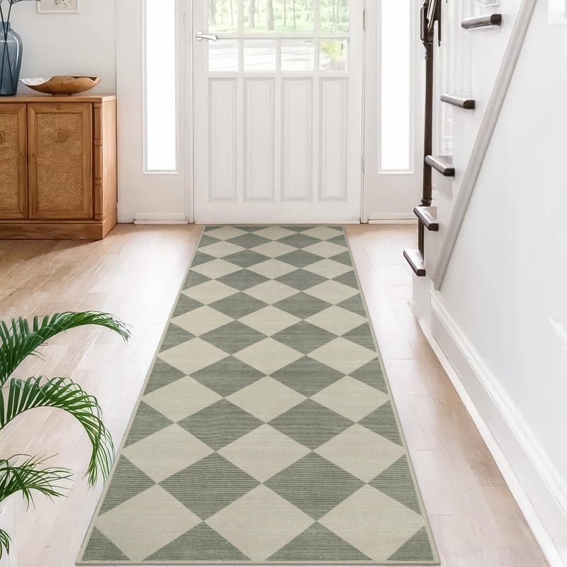 Beeiva Checkered Print Hallway Runner Rug Non Slip, Ultra Thin Washable Kitchen Runner Rug 2x6, Moroccan Neutral Green Soft Floor Carpet for Bedroom Laundry Room, Minimalist Diamond Hallway Decor - Image 1