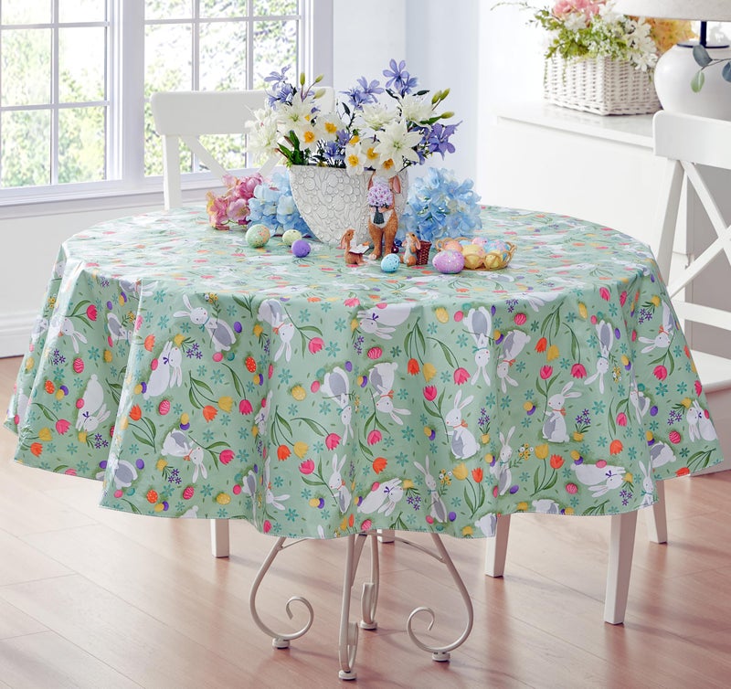Newbridge Easter Cotton Tail Bunny Party Vinyl Flannel Backed Spring Tablecloth  Cottage Style Bunny Rabbit Easter Egg  Floral Wipe Clean Easy Care Vinyl Tablecloth 70 Round