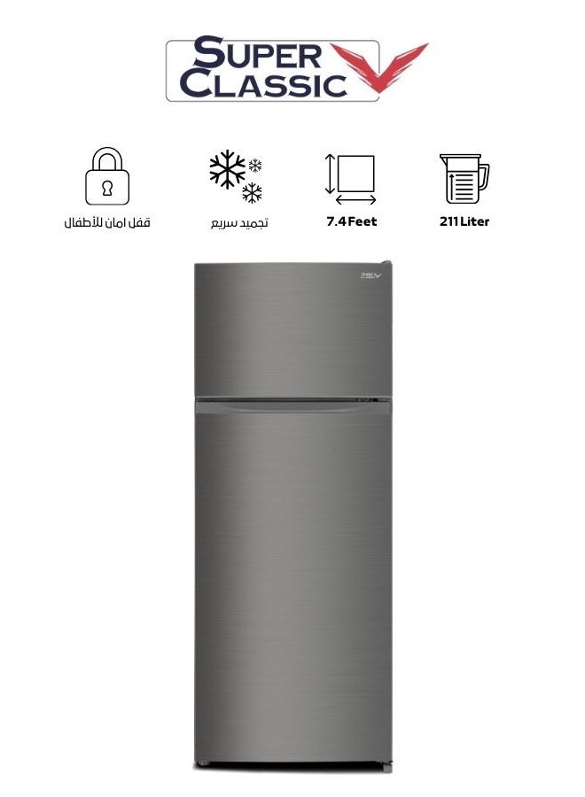 Super Classic Double Door Refrigerator with Freezer, 211 Liters, 7.4 Feet, Silver - SPCRF-388D - Image 1