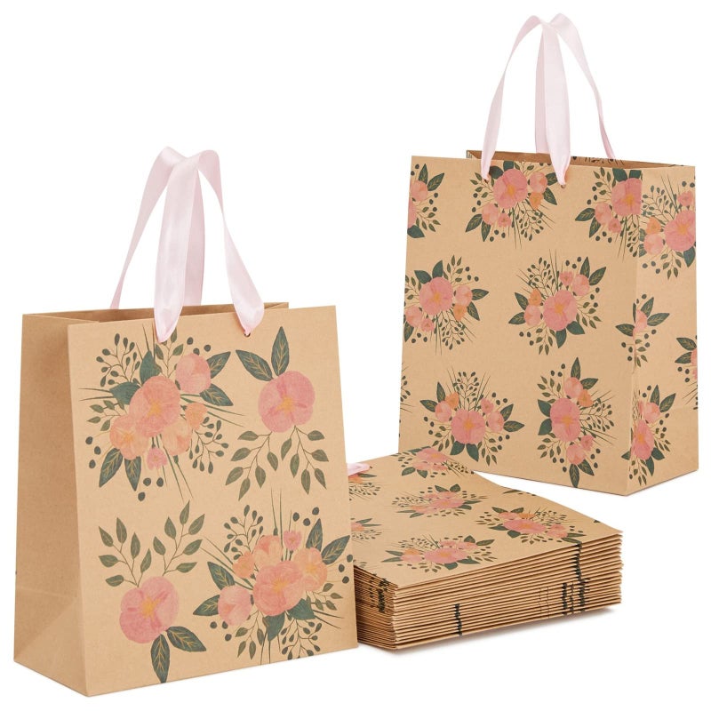 Juvale Floral Gift Bags Reinforced Bottom Ribbon Handles Party Favor Bags 8 x 4 x 9 in Pack of 24 Pink