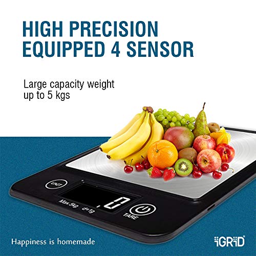 iGRiD Multipurpose Portable Kitchen Weighing Scale (Square) | Waterproof Food Scale with Touch Buttons, Tare Function, Accurate Measurement up to 5kg, Auto Shut-Off | Stainless Steel - Image 4