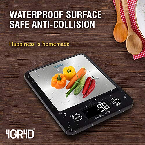iGRiD Multipurpose Portable Kitchen Weighing Scale (Square) | Waterproof Food Scale with Touch Buttons, Tare Function, Accurate Measurement up to 5kg, Auto Shut-Off | Stainless Steel - Image 3