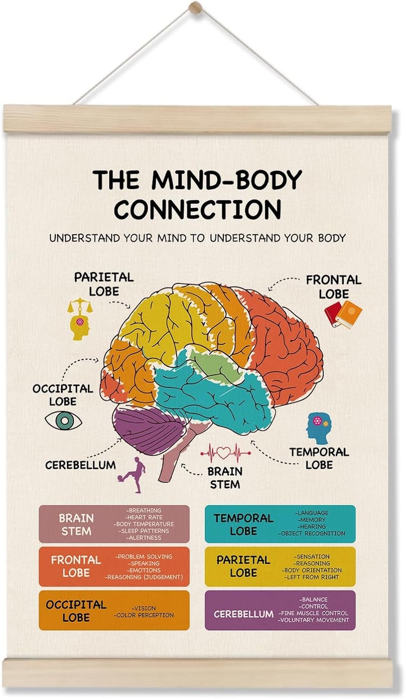 DOILANEE Mental Health Poster Hanger Frame, Brain Anatomy Posters, Therapy Office Decor, School Counselor Office Decor, Mind Body Connection Artwork for School 16x12 Inch, Stress Management Canvas Wall Art - Image 1