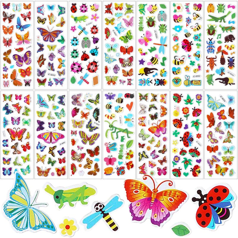 SANNIX 200PCS 3D Insect Butterfly Stickers for Kids 14 Sheets Puffy Animals Stickers for Scrapbooking Bullet Journal