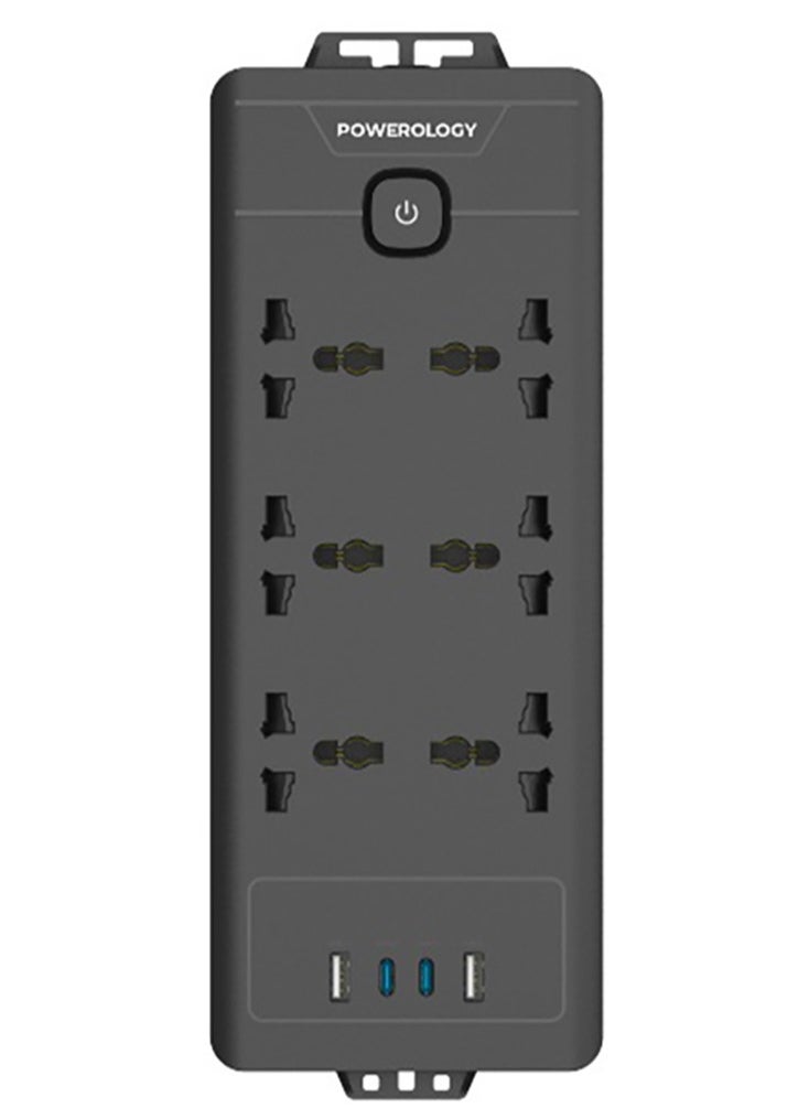 Powerology Power Strip 6AC 2500W and 2xUSB-A & 2xUSB-C Ports with Safety Power Switch / 3m Power Cord UK Plug / Simultaneous Charging / Built-in Safeguards / Safe Power Socket - Black  - Image 1