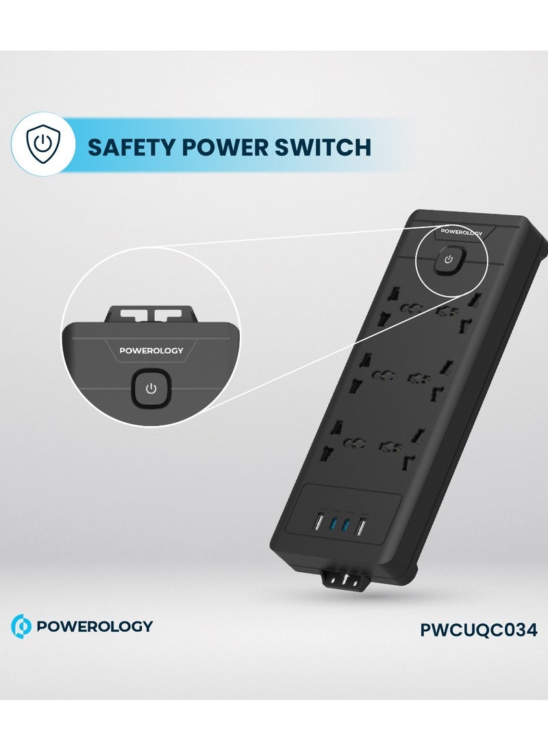 Powerology Power Strip 6AC 2500W and 2xUSB-A & 2xUSB-C Ports with Safety Power Switch / 3m Power Cord UK Plug / Simultaneous Charging / Built-in Safeguards / Safe Power Socket - Black  - Image 5