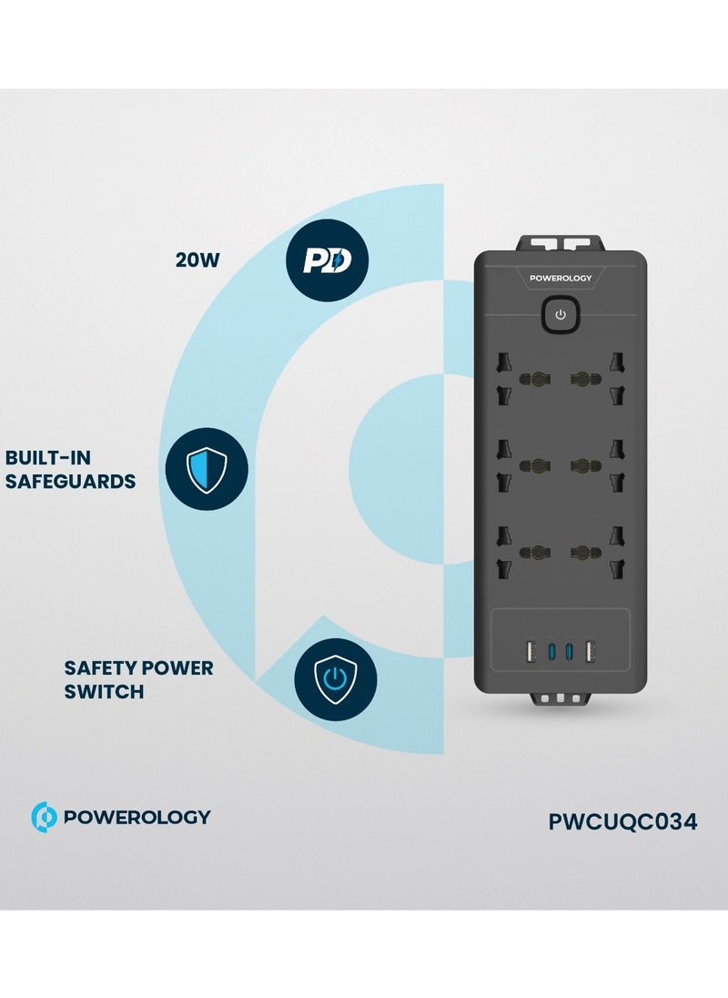 Powerology Power Strip 6AC 2500W and 2xUSB-A & 2xUSB-C Ports with Safety Power Switch / 3m Power Cord UK Plug / Simultaneous Charging / Built-in Safeguards / Safe Power Socket - Black  - Image 2