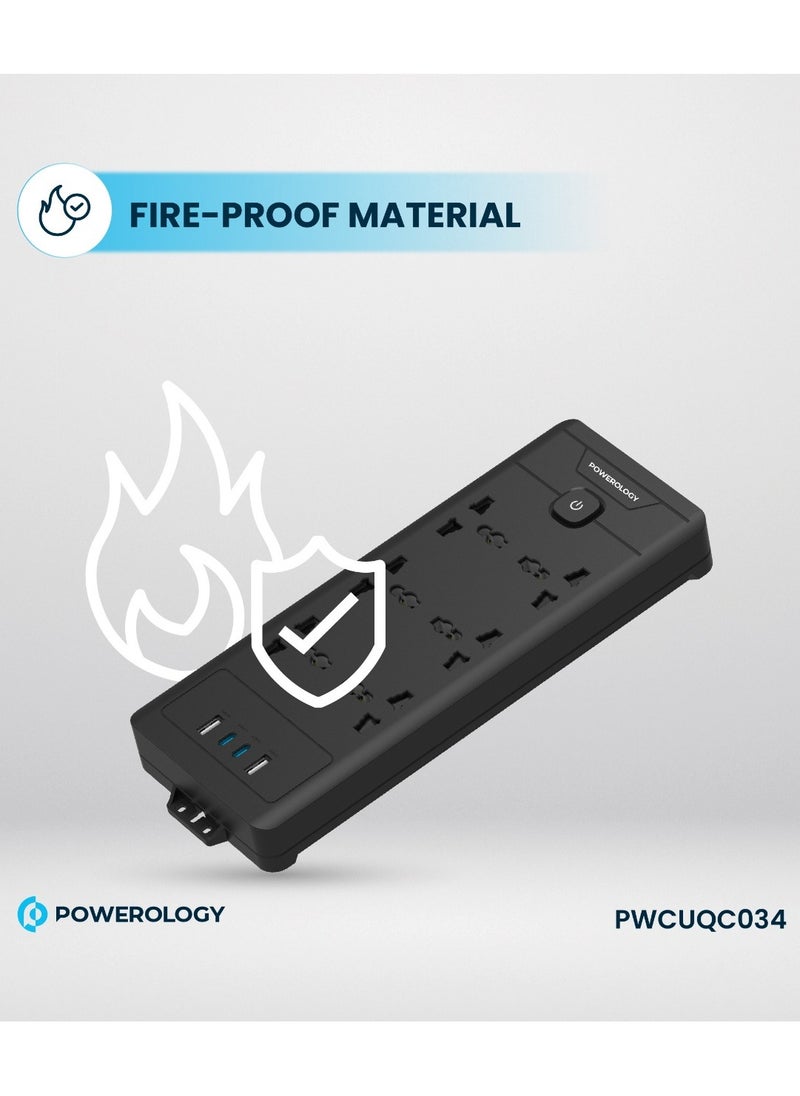 Powerology Power Strip 6AC 2500W and 2xUSB-A & 2xUSB-C Ports with Safety Power Switch / 3m Power Cord UK Plug / Simultaneous Charging / Built-in Safeguards / Safe Power Socket - Black  - Image 4