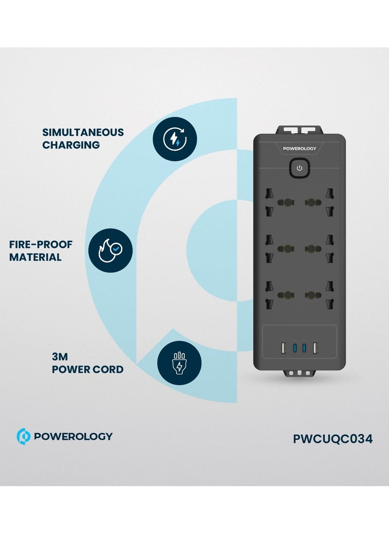 Powerology Power Strip 6AC 2500W and 2xUSB-A & 2xUSB-C Ports with Safety Power Switch / 3m Power Cord UK Plug / Simultaneous Charging / Built-in Safeguards / Safe Power Socket - Black  - Image 3