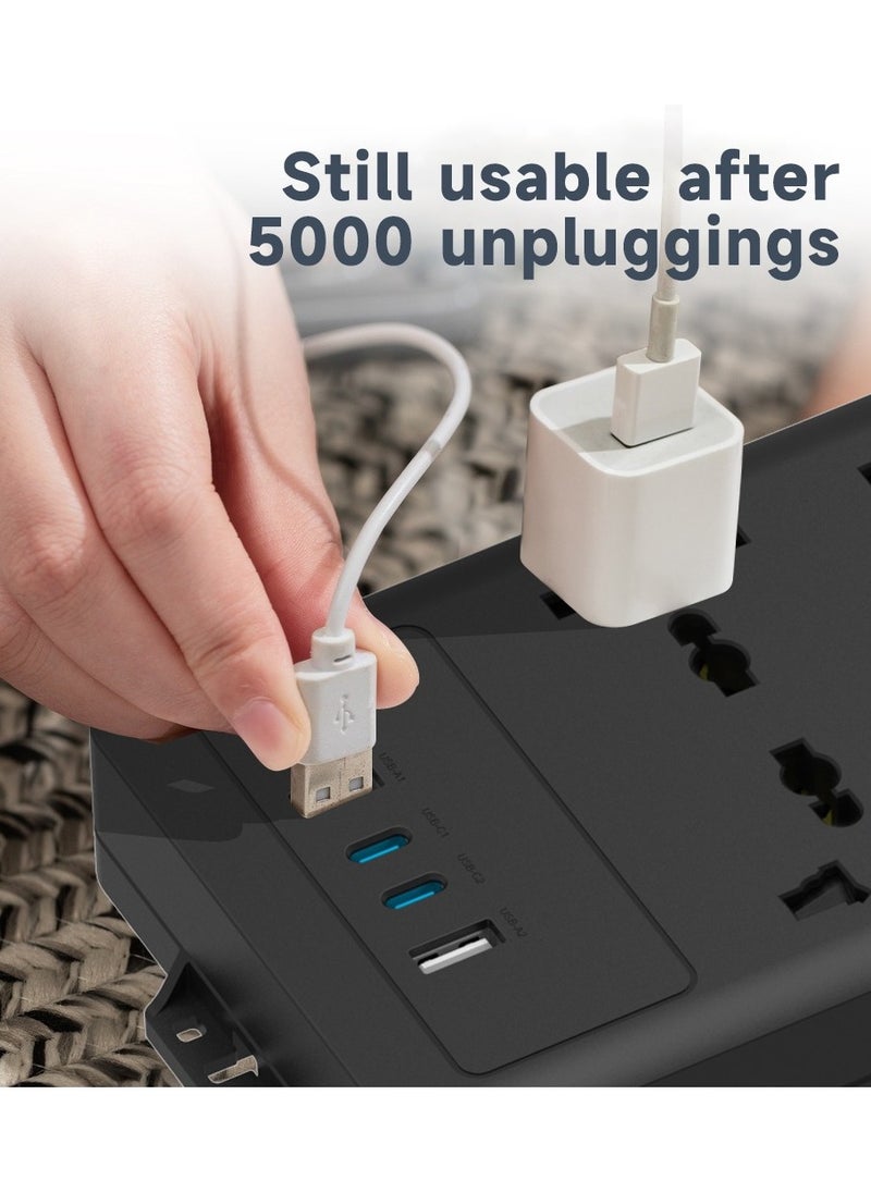 Power Strip 6AC 2500W and 2xUSB-A & 2xUSB-C Ports with Safety Power Switch / 3m Power Cord UK Plug / Simultaneous Charging / Built-in Safeguards / Safe Power Socket - Black