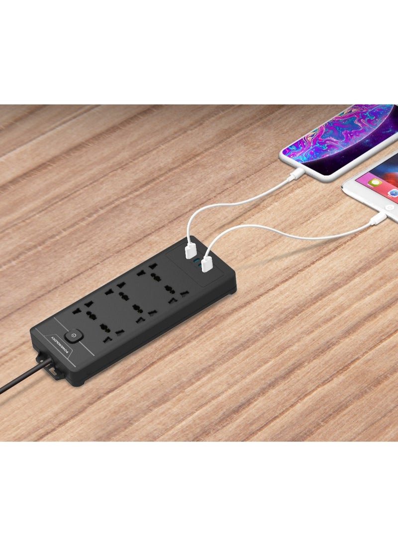 Power Strip 6AC 2500W and 2xUSB-A & 2xUSB-C Ports with Safety Power Switch / 3m Power Cord UK Plug / Simultaneous Charging / Built-in Safeguards / Safe Power Socket - Black