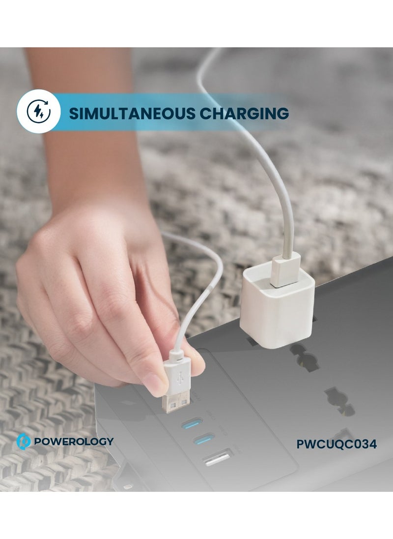 Power Strip 6AC 2500W and 2xUSB-A & 2xUSB-C Ports with Safety Power Switch / 3m Power Cord UK Plug / Simultaneous Charging / Built-in Safeguards / Safe Power Socket - Black