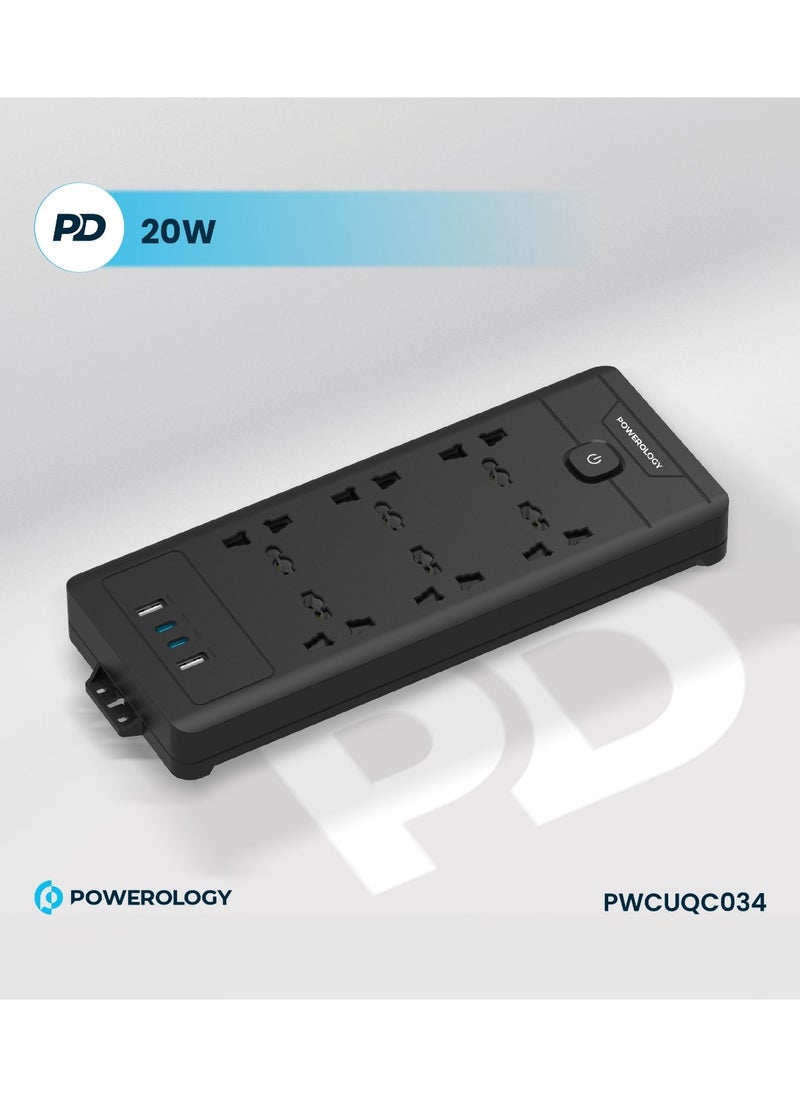 Power Strip 6AC 2500W and 2xUSB-A & 2xUSB-C Ports with Safety Power Switch / 3m Power Cord UK Plug / Simultaneous Charging / Built-in Safeguards / Safe Power Socket - Black
