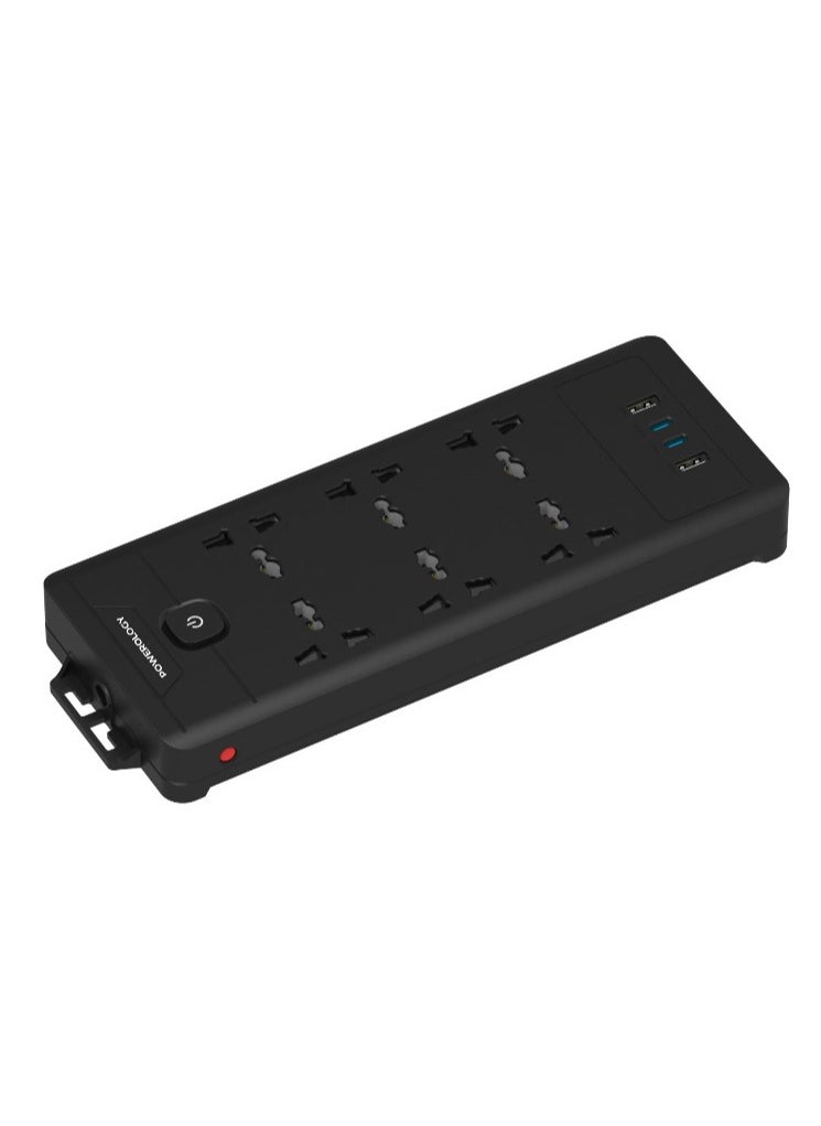 Power Strip 6AC 2500W and 2xUSB-A & 2xUSB-C Ports with Safety Power Switch / 3m Power Cord UK Plug / Simultaneous Charging / Built-in Safeguards / Safe Power Socket - Black
