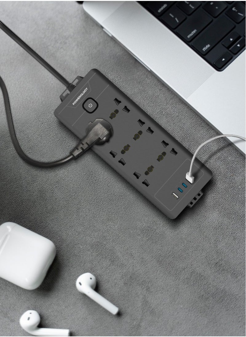 Power Strip 6AC 2500W and 2xUSB-A & 2xUSB-C Ports with Safety Power Switch / 3m Power Cord UK Plug / Simultaneous Charging / Built-in Safeguards / Safe Power Socket - Black