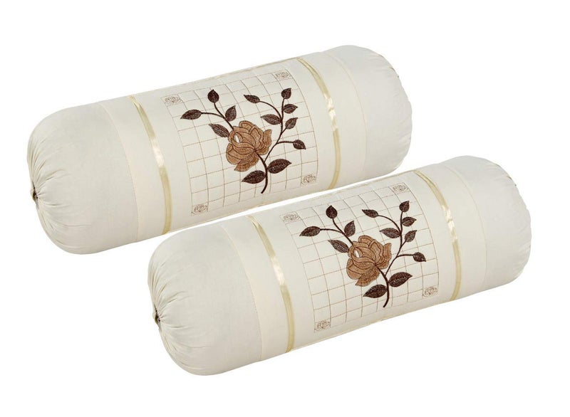 HSR Collection Cotton Bolster Cover, Bolster Pillow Cover Set of 4, Round Pillow Cover Set of 4-32 x 16 inches | White and Brown - Image 3