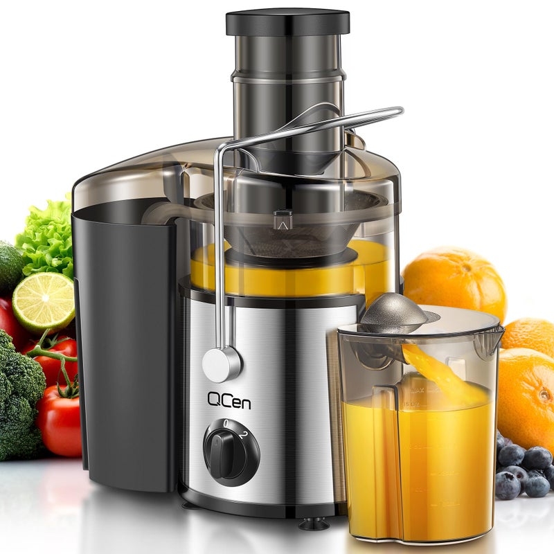 آلة عصارة QCen 500 واط عصارة طرد مركزي مع 3 فتحات تغذية واسعة للفواكه والخضروات سهلة التنظيف من الفولاذ المقاوم للصدأ خالية من BPA