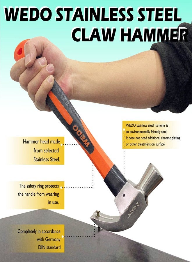 WEDO Claw Hammer with Fiberglass Handle,16oz Stainless Steel Framing Hammer,Length 300mm(12"),Shock Resistant,Corrosion Resistant,Rust Proof, Die-forged - Image 5